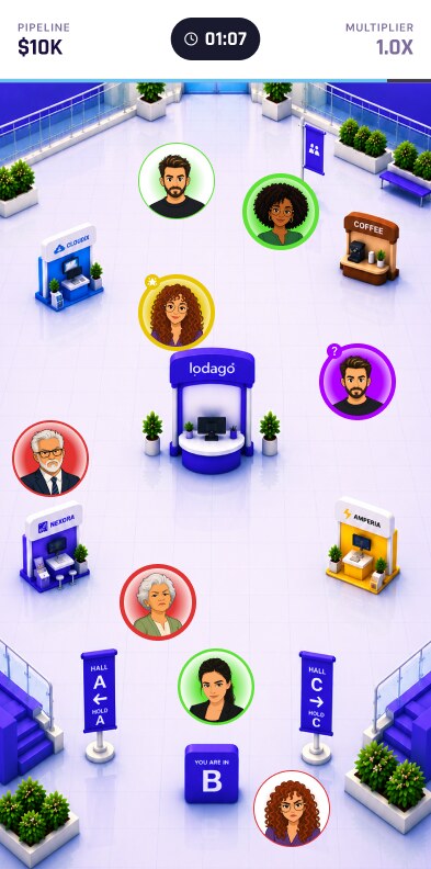 Booth Rush gameplay — tap leads on a top-down trade show floor to build pipeline before the 90-second clock runs out